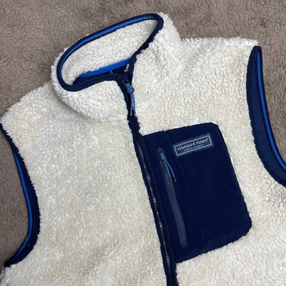 Vineyard Vines Mens Sherpa Fleece Vest Cream Navy Blue Full Zip Small